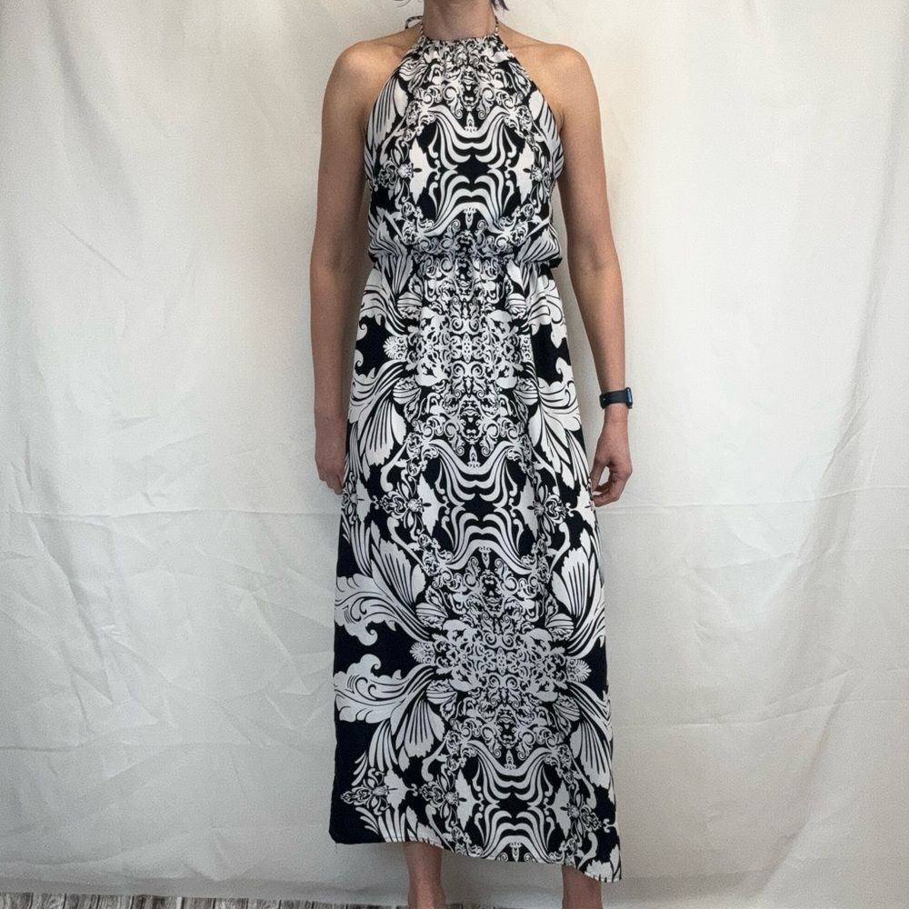 Million Bullpup Paisley Maxi Dress Halter Drop Waist Boho White Navy Small